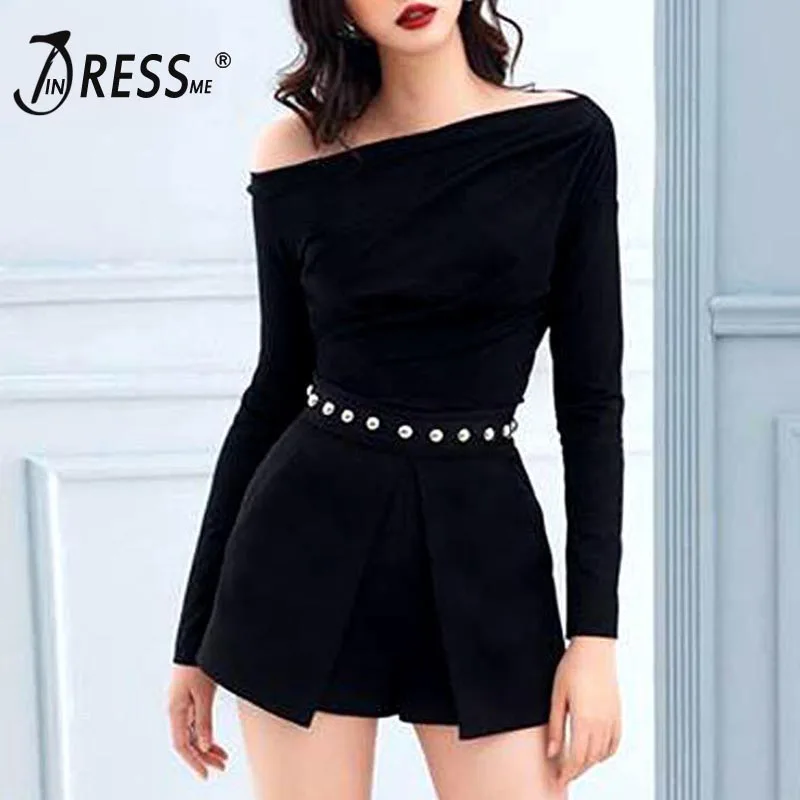 

INDRESSME 2019 New Women Sexy Black 2 Piece Sets Slash Neck Pullover Long Sleeve Top Zipper Fly Short Suits Lady Party Fashion