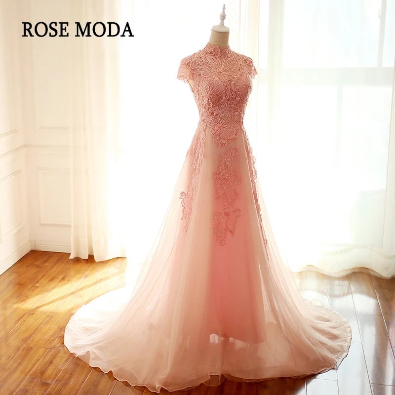 Rose Moda High Neck Pink Prom Dress 2018 Short Cap Sleeves Long Lace Prom Dresses Backless
Rose Moda High Neck Pink Prom Dress 2018 Short Cap Sleeves Long Lace Prom Dresses Backless