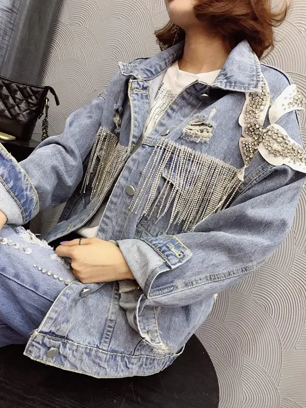 2019 Spring Diamonds Tassel denim jacket coat Women casual denim jackets outwear
2019 Spring Diamonds Tassel denim jacket coat Women casual denim jackets outwear