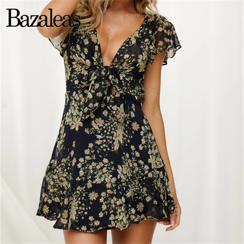 Bazaleas Backless vestido Black Floral Print V Neck summer dress Vintage Chiffon Center Bow women dresses drop shipping
Bazaleas Backless vestido Black Floral Print V Neck summer dress Vintage Chiffon Center Bow women dresses drop shipping