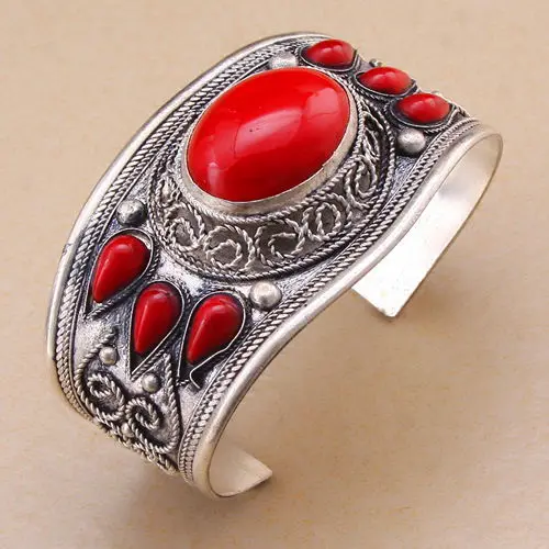 

Charm Red Coral Stone Bead Cuff Bracelet Bangle Tibet Silver Flowernew GP SHIPPING new >>-hot