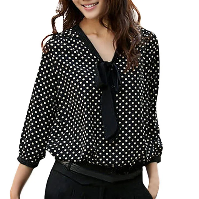 Women Tops Casual V Neck Blouse Summer Spring Tie Neck Bow Chiffon Polka Dot Blouses Shirt Black Ladies Plus Size Loose Clothing 
Women Tops Casual V Neck Blouse Summer Spring Tie Neck Bow Chiffon Polka Dot Blouses Shirt Black Ladies Plus Size Loose Clothing