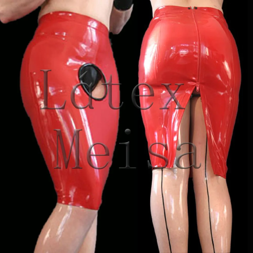 Novelty women's exotic pencil latex skirt with front hole design in solid red color with back zip
Novelty women's exotic pencil latex skirt with front hole design in solid red color with back zip