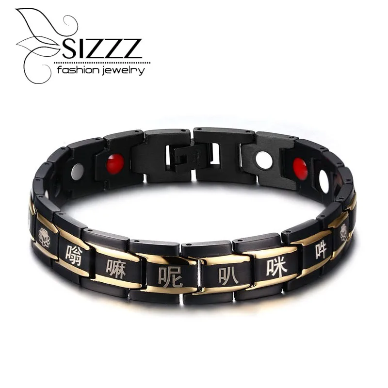 Фото Men's New Arrival High Quality Black Gold 316L stainless steel Buddhist religious Health magnet Stone Link Chain Bracelet | Украшения и