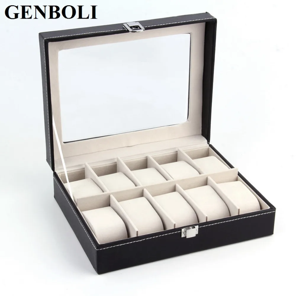 Image GENBOLI 1Pcs Black PUleather 10Grid professional Wrist Watch Display Box Jewelry Storage Holder Organizer Case