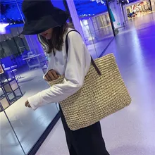 Bolso de paja caliente para mujer, bolso de playa, bolsos de mimbre hechos a mano para el verano, bolsos de hombro de ratán (Beige) Dropship 7,03 #(China)