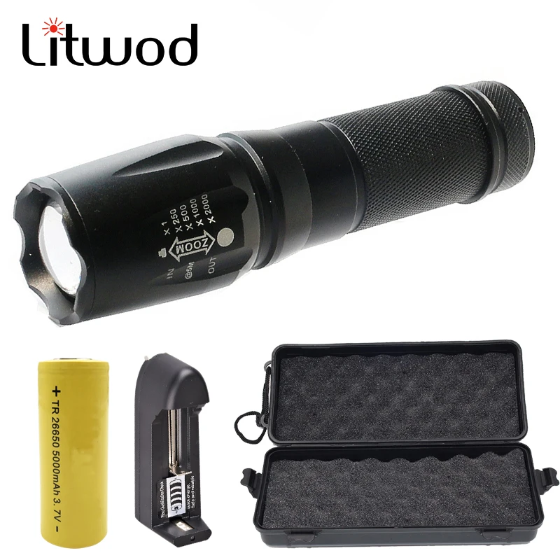 

Litwod Z20236 Long battery life LED Flashlight XML T6 4000LM 5 modes waterproof Zoomable light 26650 battery run time 20 hours