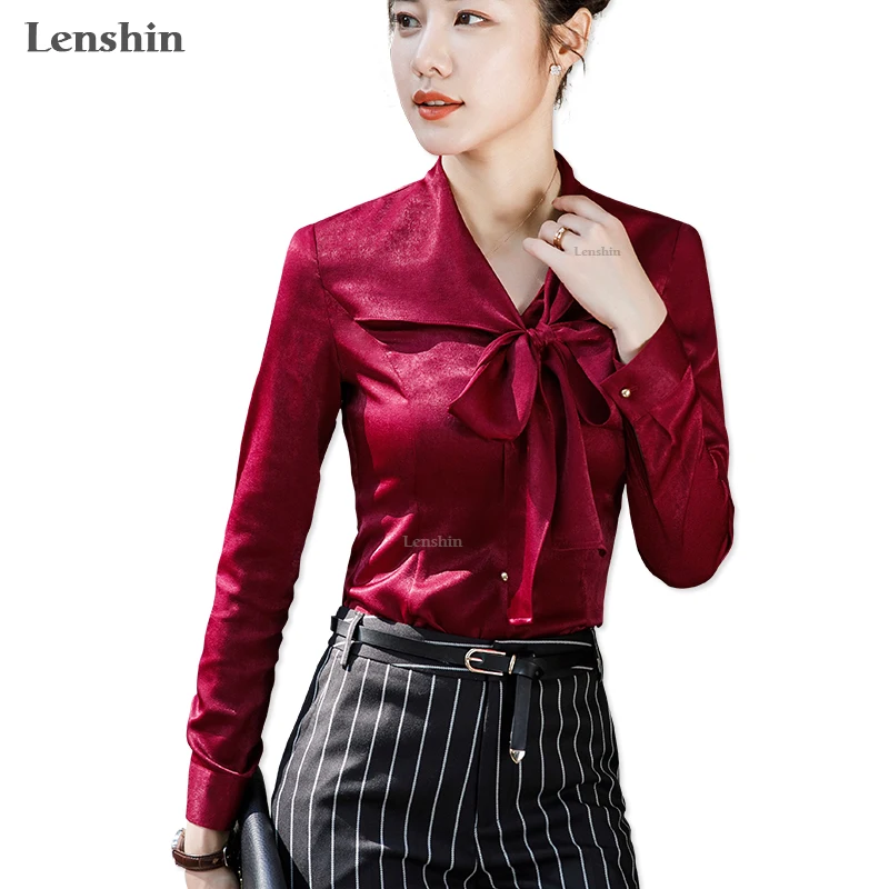 Lenshin Shiny Shirts for Women Candy Color Tie Front Blouse Work Wear Office Lady Bow Female Ruffle Tops Chemise
Lenshin Shiny Shirts for Women Candy Color Tie Front Blouse Work Wear Office Lady Bow Female Ruffle Tops Chemise