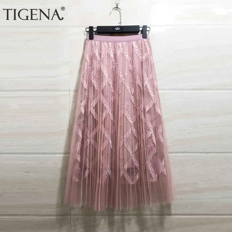 TIGENA Beautiful Beading Embroidery Long Tulle Skirt Women 2019 Summer Korean Fashion Pink High Waist Pleated Midi Skirt Female
TIGENA Beautiful Beading Embroidery Long Tulle Skirt Women 2019 Summer Korean Fashion Pink High Waist Pleated Midi Skirt Female