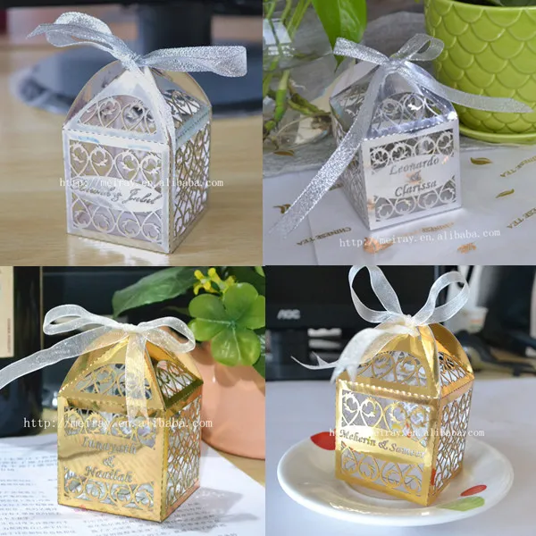 golden silver ribbon wedding favours party gift candy paper box