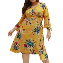 Las mujeres de la cruz se superponen Sexy cuello en V manga estampado Floral tenedor abierto vestido de talla grande vestido para las mujeres XL-XXXXL ropa de verano(China)