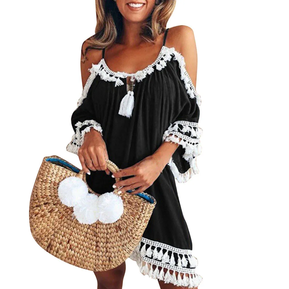 Фото Женское короткое коктейльное платье с открытыми плечами повседневное пляжное