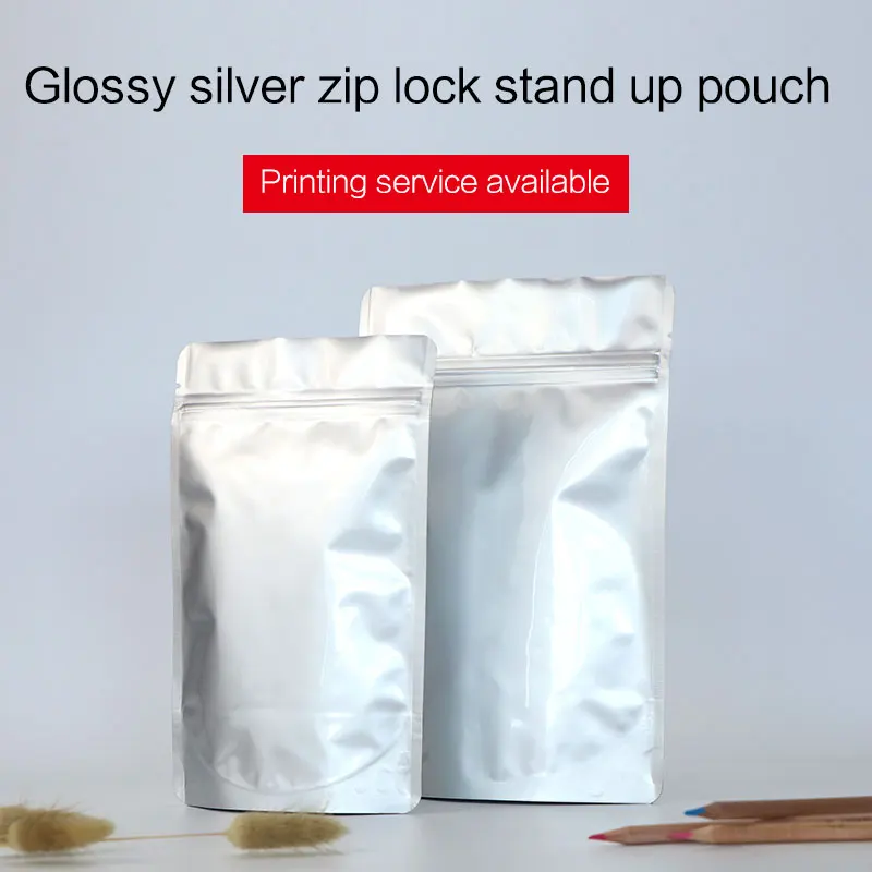 glossy silver stand up pouch with zipper aluminum foil zip lock bag tea coffee bean food packaging custom printing available
glossy silver stand up pouch with zipper aluminum foil zip lock bag tea coffee bean food packaging custom printing available