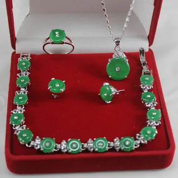 

new design! wonderful silver plated green jade bracelet earrings ring & pendant 4pc set AA1013