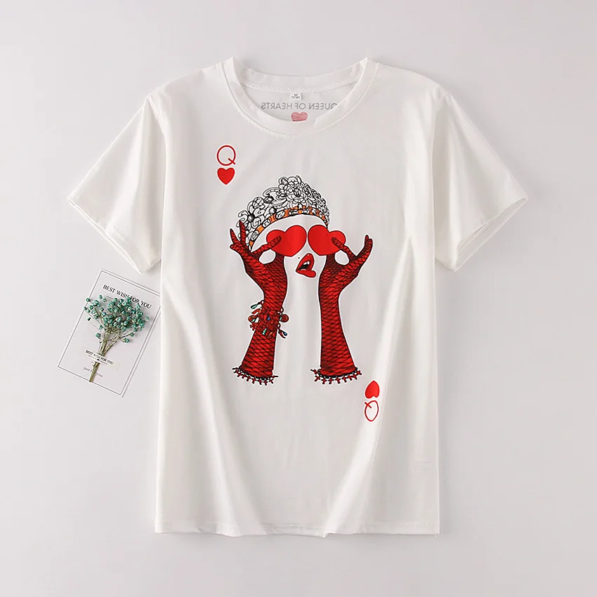 Casual White Cotton Women T-shirt Fashion Playing Card Red Q Girl Harajuku Tops Female Short Sleeve Summer Tees Big Size Loose
Casual White Cotton Women T-shirt Fashion Playing Card Red Q Girl Harajuku Tops Female Short Sleeve Summer Tees Big Size Loose