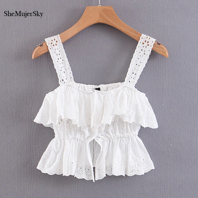 

SheMujerSky White Lace Crop Top Sexy Femme Ruffles Cami Tops Hollow Out Cropped Top Summer 2019