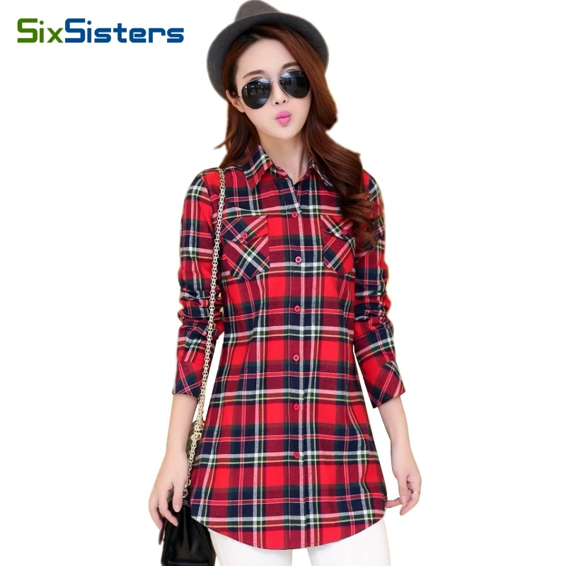 Brand Women's Checkered shirt full blouse female cotton long shirts Girl Full sleeve slim plaid Shirts women's Clothing HS1519 
Brand Women's Checkered shirt full blouse female cotton long shirts Girl Full sleeve slim plaid Shirts women's Clothing HS1519