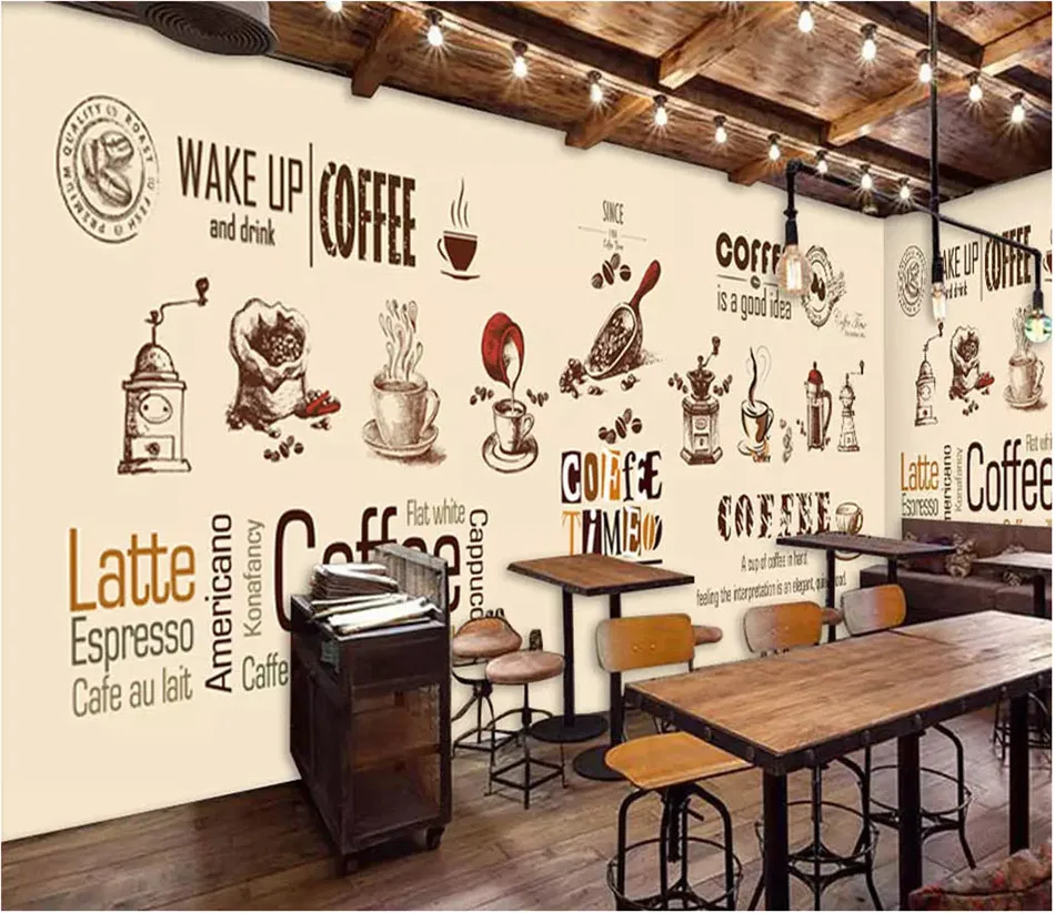 カスタム壁画壁紙 3d 手描きのヨーロッパとアメリカのコーヒーショップ淡黄色の背景壁の壁画カフェ壁紙 3d Aliexpress