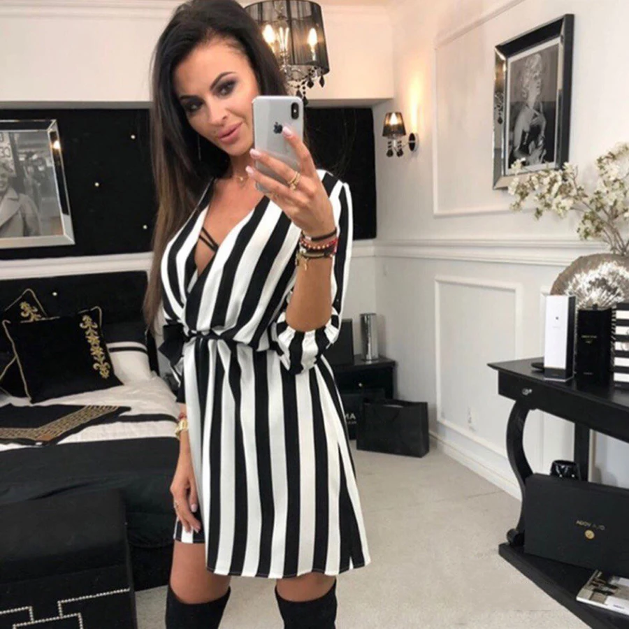 2018-Summer-Women-Dress-Striped-Office-A-Line-Dress-Batwing-Deep-V-Neck-Tunic-Bandage-Bodycon (3)