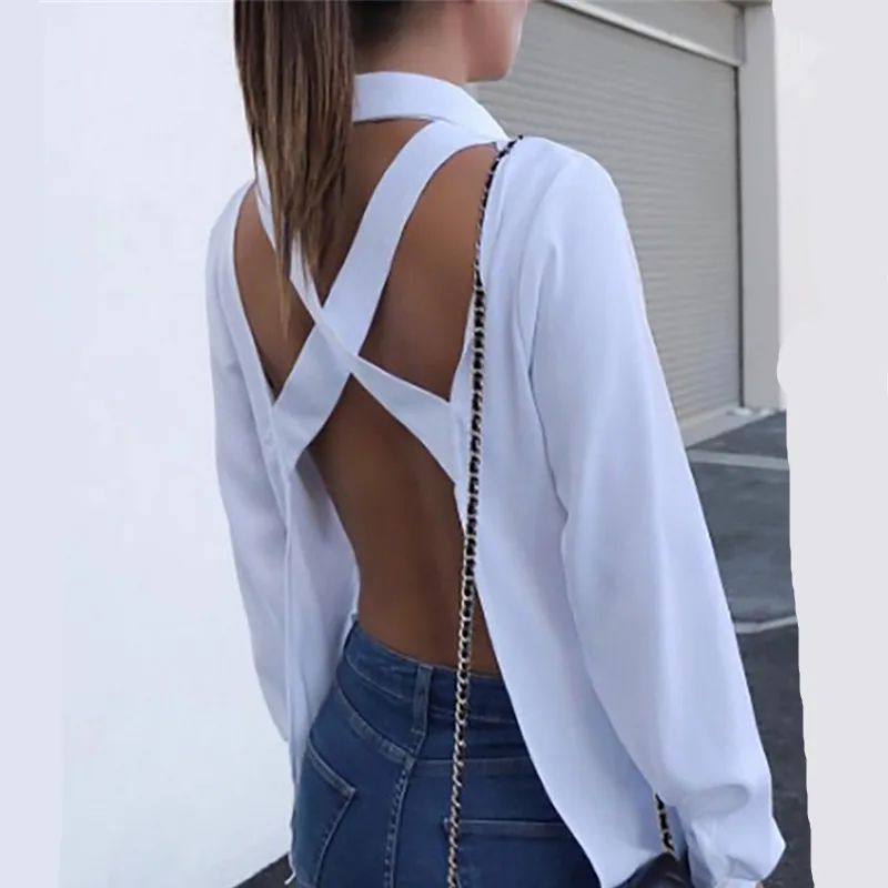 Women Crisscross Open Back Blouse Shirts Tops Sexy Backless Long Sleeve Turn-down Collar Autumn Shirt White Grey Solid Shirts
Women Crisscross Open Back Blouse Shirts Tops Sexy Backless Long Sleeve Turn-down Collar Autumn Shirt White Grey Solid Shirts