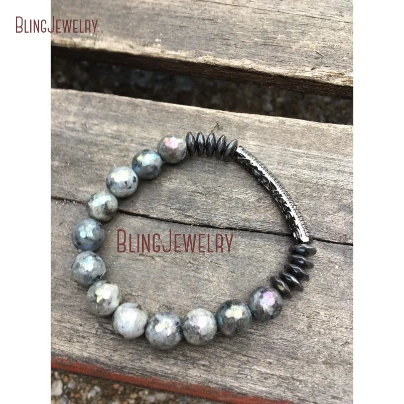 20180409-BM10766-Micro Pave Bar And Labradorite Beaded Stretch Bracelet Shabby Chic Stretch Bracelet Boho Layering Beaded Bracelet Stackable Bracelet Cz Pave_3