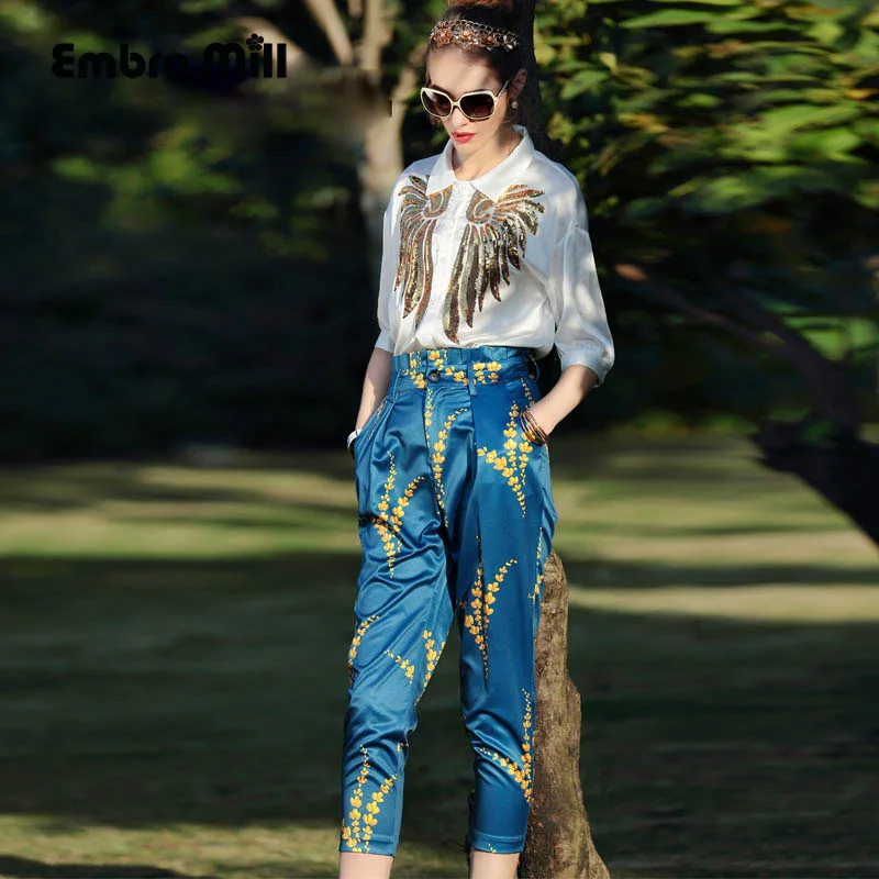 Womens two piece set new arrival American and European fashion runway white sequined shirt top + print pants lady suit S-XL
Womens two piece set new arrival American and European fashion runway white sequined shirt top + print pants lady suit S-XL
