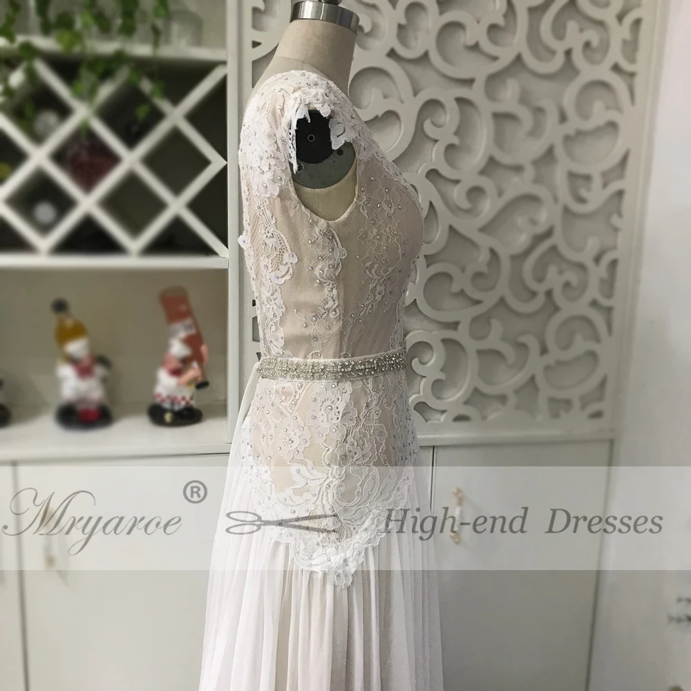 Mryarce Elegant V Neck Glitter Lace Open Back Wedding Dress Boho Chic Bridal Gowns With Rhinestone Belt (4)