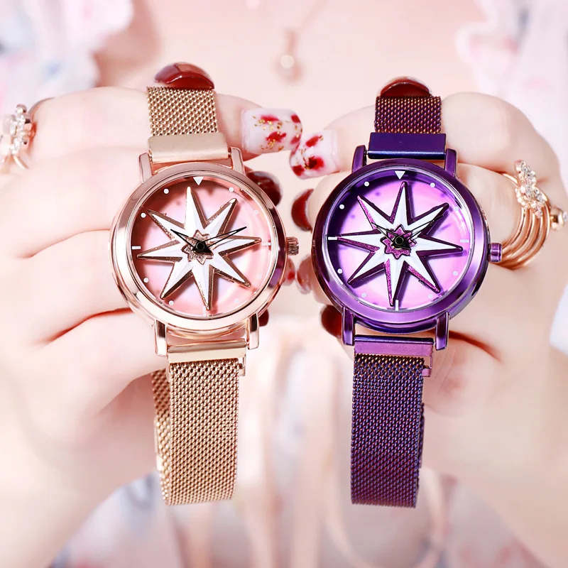 

Women Rhinestone Watches Lady Rotation Dress Watch Brand Dial Bracelet Wristwatch Crystal Star Watch Pentagram Relogio Feminino
