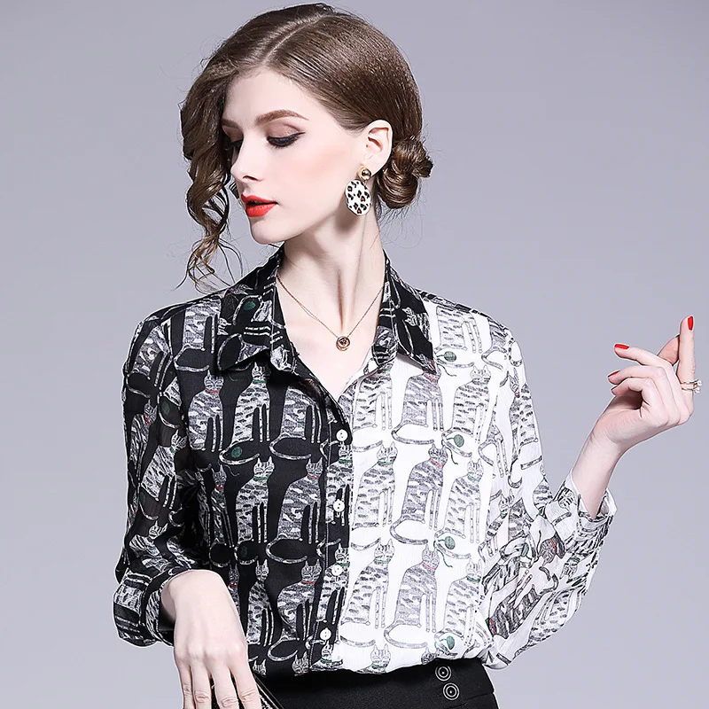 Turn Down Collar Single Breasted Cat Print Straight Blouse 2019 New Women Spring Summer Office Lady Work Chiffon Shirts
Turn Down Collar Single Breasted Cat Print Straight Blouse 2019 New Women Spring Summer Office Lady Work Chiffon Shirts