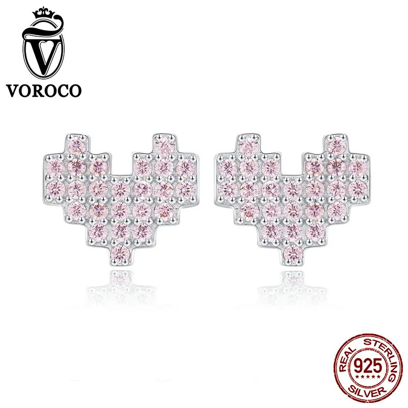VOROCO Real 925 Sterling Silver Girl Romantic Heart Pink Stud Women Earrings Wedding Engagement Party Gift Fine Jewelry BKE477