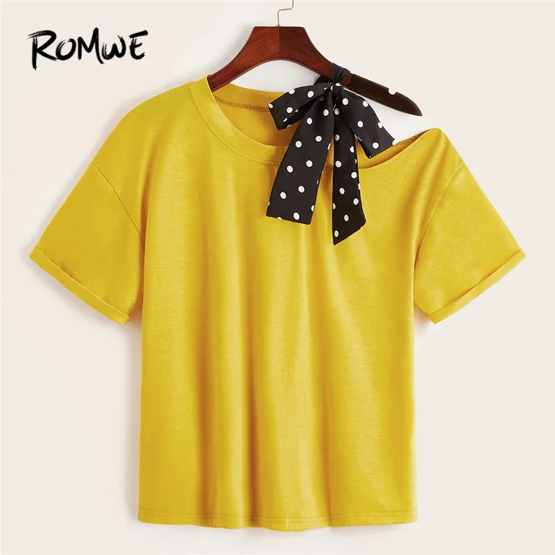 ROMWE Contrast Polka Dot Tape Tied Knot Cut Out Shoulder Yellow Women Tees Chic High Street Asymmetrical Neck Summer T Shirts
ROMWE Contrast Polka Dot Tape Tied Knot Cut Out Shoulder Yellow Women Tees Chic High Street Asymmetrical Neck Summer T Shirts