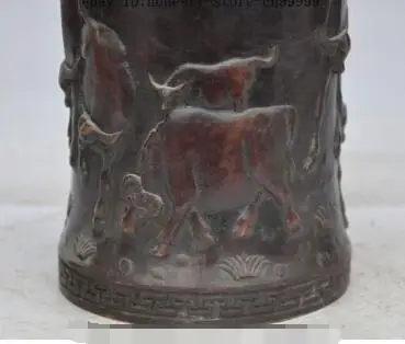 S2689 6"old chinese fengshui bronze zodiac Ox bull Cattle statue brush pot pencil vase