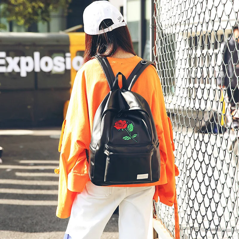 MENGHUO 2018 PU Leather Backpack Women Rose Men Embroidery Backpacks Unisex Couple Travel Bags Students Book Rucksack Mochilas (42)