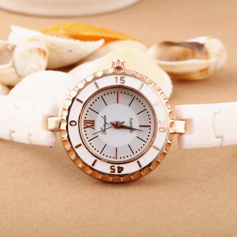

Waved round case in gold,copy ceramic resin band,quartz movement,simple dial display,Gerryda lady ceramic fashion watch