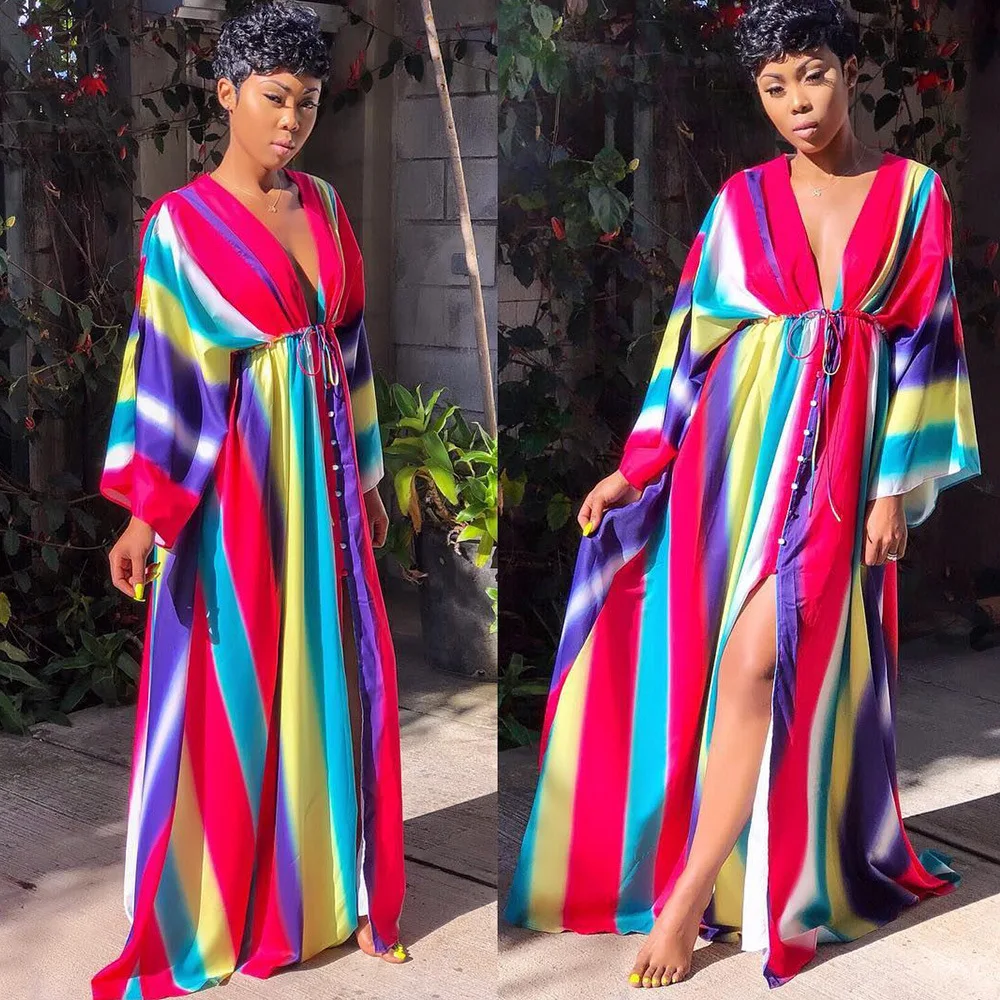 2019 new African women's long sleeve colour stripe v collar button-up maxidress beach sexy Bohemian floor-length dress G3596
2019 new African women's long sleeve colour stripe v collar button-up maxidress beach sexy Bohemian floor-length dress G3596