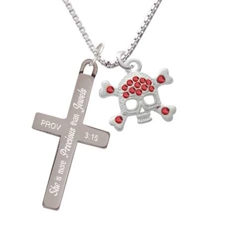 Skull and Crossbones with Red Crystals - She is More Precious - Cross Necklace (1)