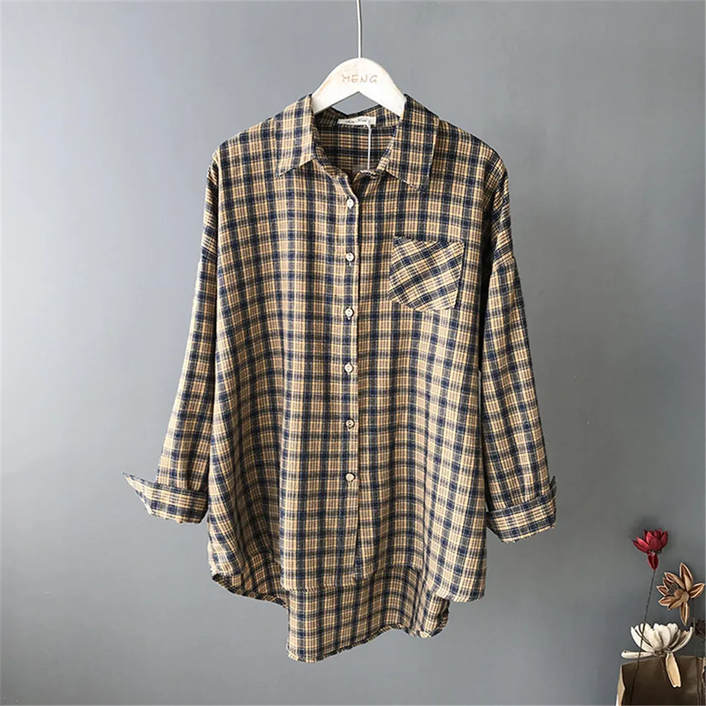 Boyfriend Style Blouses 100% Cotton Loose Women Plaid Shirts 2019 Office Women Blouse Shirt Female Outerwear Casual Pocket Shirt (3)