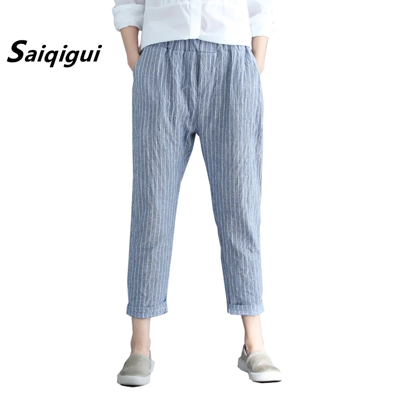Saiqigui 2019 new arrive Summer Women Ankle-Length Pants Elastic waist loose Cotton Linen pants Vintage Striped harem pants
Saiqigui 2019 new arrive Summer Women Ankle-Length Pants Elastic waist loose Cotton Linen pants Vintage Striped harem pants