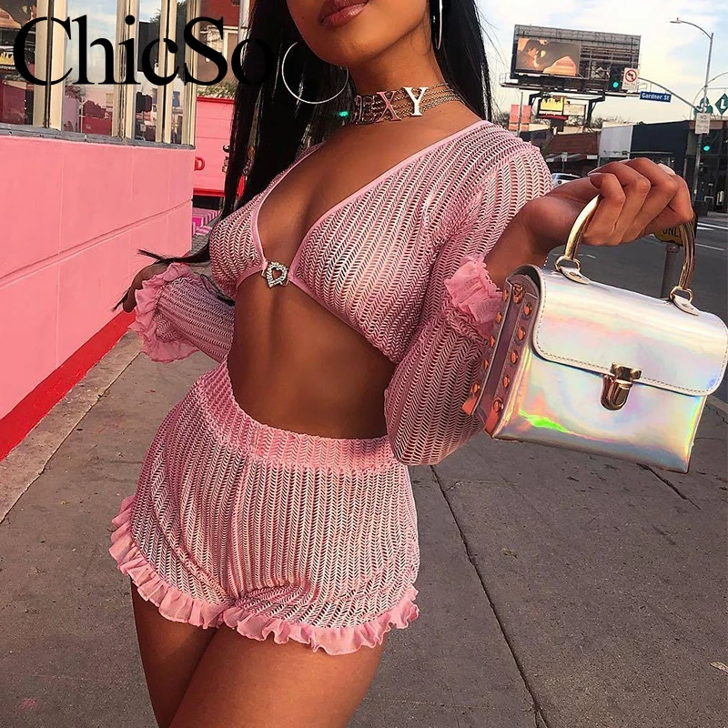 

Missychilli Pink knitted ruffles club playsuit Summer deep v-neck elegant romper overalls Women sexy two-piece short jumpsuit