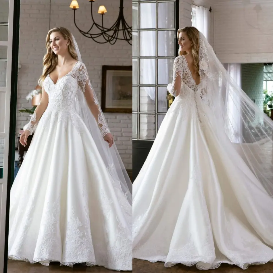 2020 Wedding Dresses V-Neck Long Sleeve Lace Appliques Bridal Gowns Custom Made Backless Sweep Train A-Line Wedding Dress
2020 Wedding Dresses V-Neck Long Sleeve Lace Appliques Bridal Gowns Custom Made Backless Sweep Train A-Line Wedding Dress