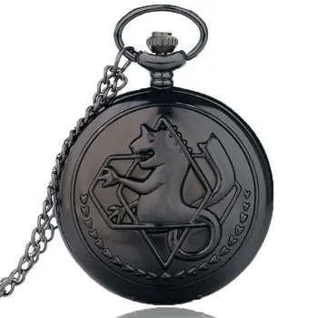 

Hot Japanese Animate Fullmetal Alchemist Black Quartz Pocket Watch With Necklace Chain Edward Eric Fob Clock Xmas Gift