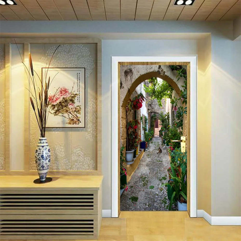 Paris Alley 3D Visual Hole Door Stickers Romantic Home Decoration Mural Self Adhesive Decals On the Wall Creative DIY Decor | Дом и сад