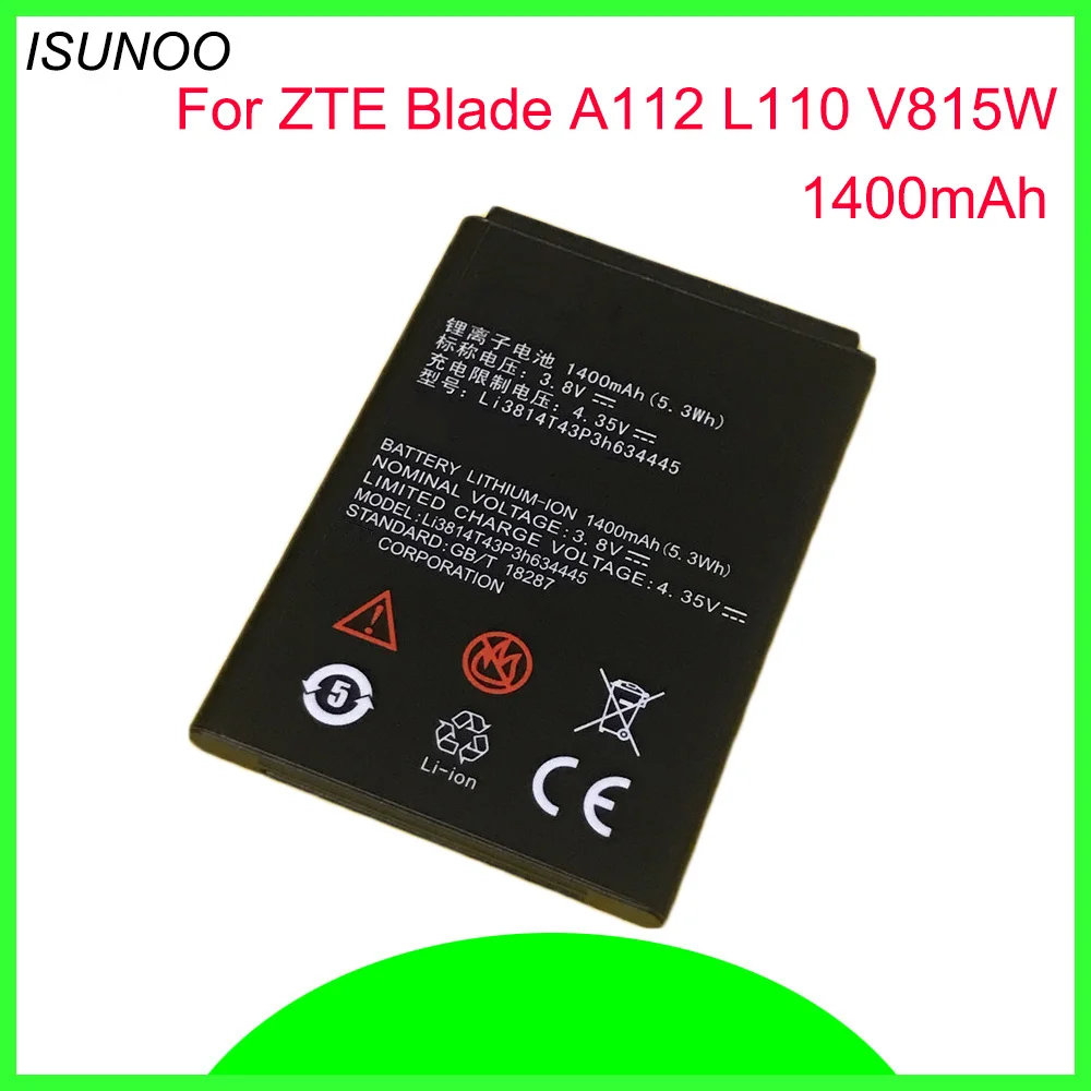 ISUNOO 10pcs/lot 1400mAh Phone battery for ZTE Blade A112 L110 Mobile Phone Battery Black Li3814T43P3h634445
ISUNOO 10pcs/lot 1400mAh Phone battery for ZTE Blade A112 L110 Mobile Phone Battery Black Li3814T43P3h634445