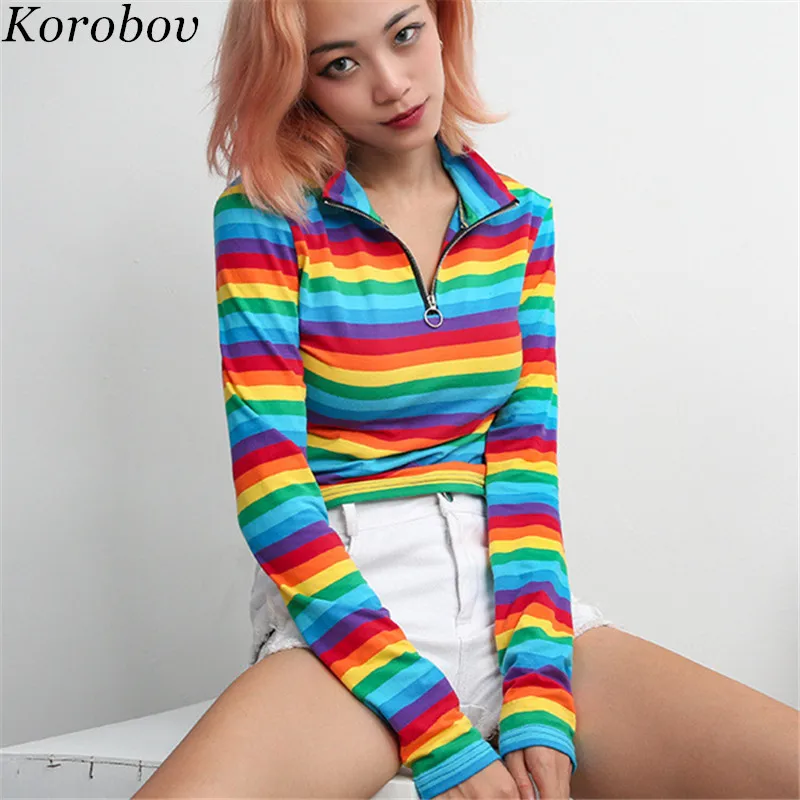 Korobov 2019 Summer New Arrival RainBow T Shirt Zipper Stand Collar Colorful Striped Patchwork T shirts Women Crop Tops 76982
Korobov 2019 Summer New Arrival RainBow T Shirt Zipper Stand Collar Colorful Striped Patchwork T shirts Women Crop Tops 76982