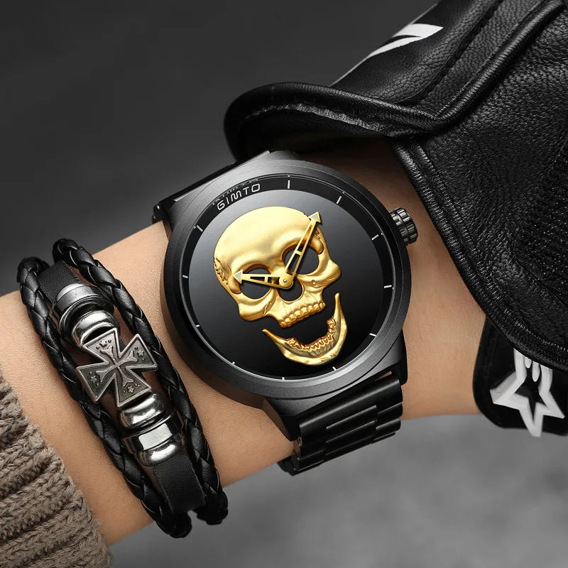 Фото Stylish Men Skull Wristwatch Gold Creative 3D Skeleton Pattern GIMTO Brand Male's Watches Black Stainless Steel Best Gift Clock |