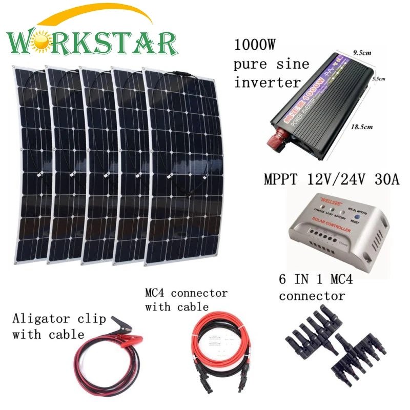

5*100W Flexible Solar Panel Charger+Peak 1000W Inverter+MPPT 30A Controller with Cables Houseuse 500W Solar Power System Kit