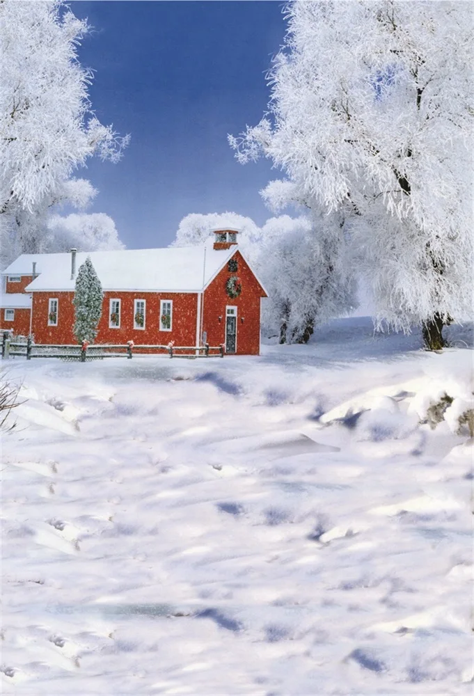 Фото Laeacco загородный дом деревья Зимний снег живописные фотографические фоны