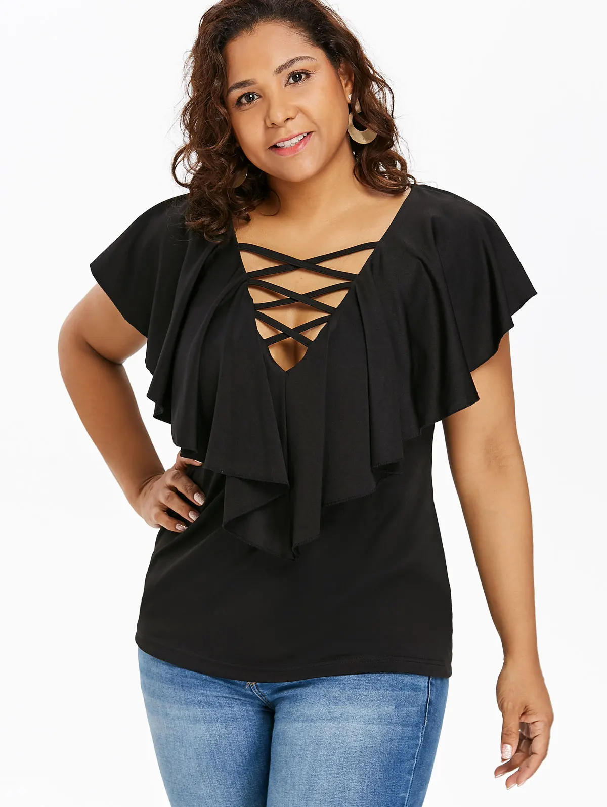 Lortalen Plus Size Sexy Criss Cross Ruffle Insert T-Shirt Solid Color Short Sleeve Deep V-Neck Tops Tees T Shirt For Women
Lortalen Plus Size Sexy Criss Cross Ruffle Insert T-Shirt Solid Color Short Sleeve Deep V-Neck Tops Tees T Shirt For Women