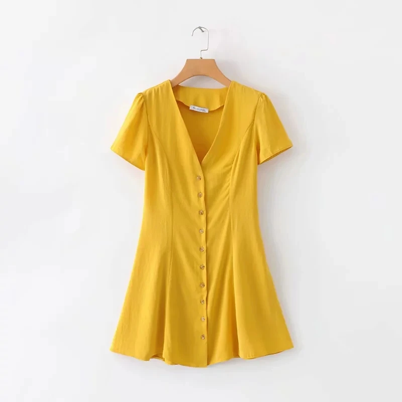 Europe/the United States 2019 early spring new slim slimming single-breasted V-neck short-sleeved solid yellow color waist dress
Europe/the United States 2019 early spring new slim slimming single-breasted V-neck short-sleeved solid yellow color waist dress