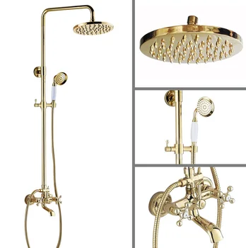 Luxury Polished Gold Color Brass Dual Cross Handles Bathroom Round Rain Shower Faucet Set Bath Tub Mixer Tap Wall Mounted mgf352
Luxury Polished Gold Color Brass Dual Cross Handles Bathroom Round Rain Shower Faucet Set Bath Tub Mixer Tap Wall Mounted mgf352